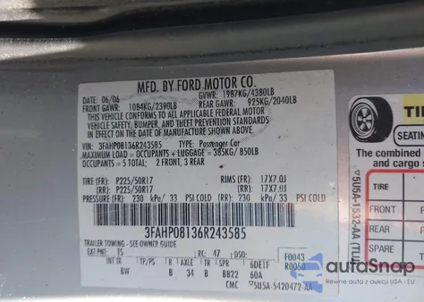 2006 Ford Fusion Sel из США, поврежденный, VIN 3FAHP08136R243585